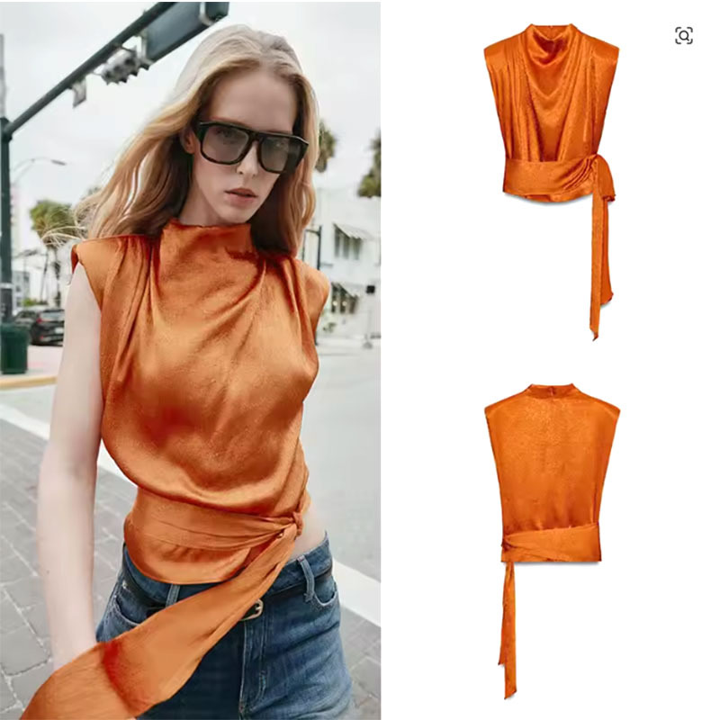 Shirt Camp Collar - Satin-Schal-Kragen-Top ohne Ärmel, Elegantes Damen-Oberteil mit