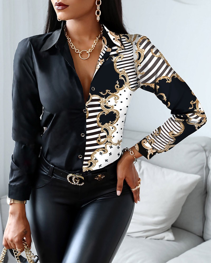 Shirt Camp Collar - Damenmode, wilde Hemden, Kette/Blumen/Buchstabe/geometrischer quadratischer Druck,