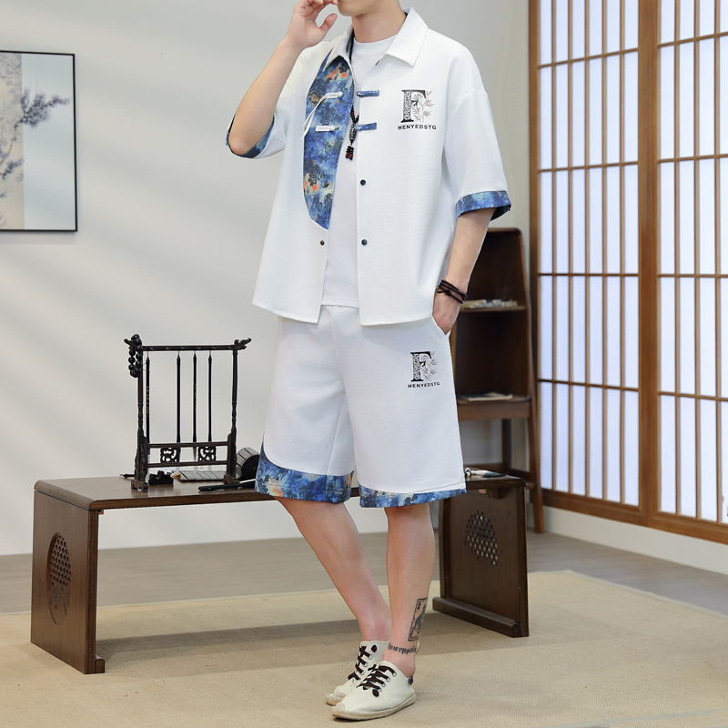 Resort Shirt Floral - Sommer Herren 2-Teiliges Kimono-Set mit Blauem