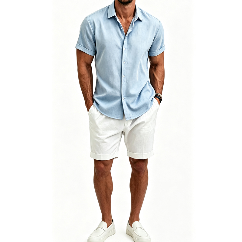Short Linen Drawstring - Herren Baumwoll-Leinen-Hemdset, Sommer-Kurzarmhemd und Shorts, Anzüge
